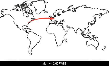 Weltkarte mit Pfeil der Flugroute, Vektorgrafik Stock Vektor