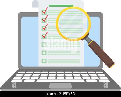 Papier-Checkliste auf Laptop unter Lupe Stock Vektor