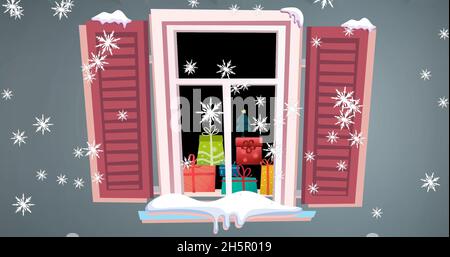 Bild von Schnee fällt über weihnachtsgeschenke durch das Fenster gesehen Stockfoto
