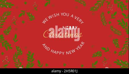 Bild von fröhlichem weihnachtstext über Blättern Stockfoto