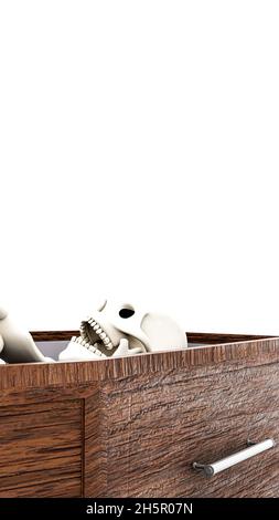 Holzsarg mit abgestorbenen Leichen isoliert auf weißer 3d-Illustration Stockfoto