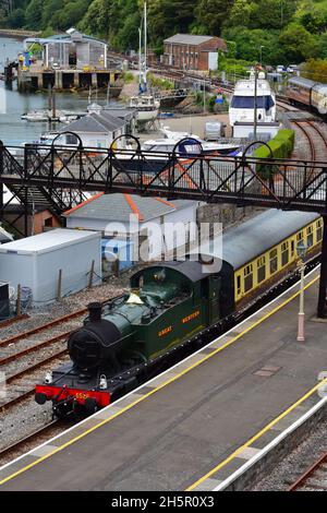 Die Dampfmaschine Nr. 5526 nähert sich der Kingswear Station (für Dartmouth) an der Spitze des Zuges von Paignton auf der Dartmouth Steam Railway. Stockfoto