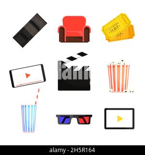 Cinema Icon Set, Trickfilm-Kollektion im flachen Stil. Illustrationsvektor. Designelemente. Stock Vektor