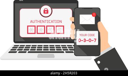 Geräte Laptop und Telefon, SMS-Authentifizierungscode, flach Stock Vektor