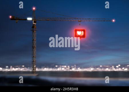 Baukran mit einem Social-Media-Symbol am Haken Stockfoto