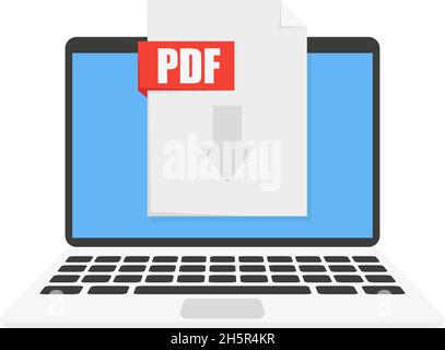 PDF-Dokument auf Laptop hochladen, Illustration in flacher Form Stock Vektor