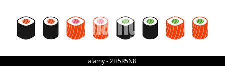 Sushi Vektor japanisches Set, japan Roll Kollektion mit frischem Thunfisch oder Lachs Fisch isoliert Illustration Stock Vektor