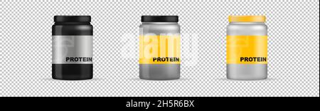 Protein Kunststoff Glas Sport Ernährung, Bodybuilding Pulver Flasche Vektor isolierte Illustration Stock Vektor