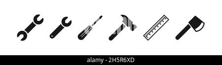Werkzeugvektor-Symbolsatz, Arbeitsinstrumente, flache Werkzeuge Symbolsammlung Schraubendreher und Schraubenschlüssel isolierte Abbildung Stock Vektor