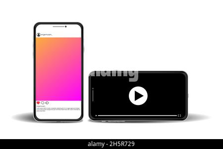 Mobile Social Media Vektor Illustration Konzept, Foto-und Video-App Smartphone Modell Vorlage isoliert auf weißem Hintergrund mit Schatten Stock Vektor