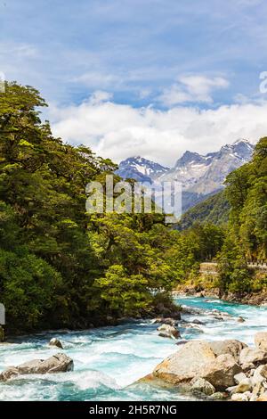 Rauer Fluss fließt in die Fjorde. Fjordland, Neuseeland Stockfoto