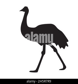 Emu schwarze Silhouette auf weißem Hintergrund isoliert. Cassowary-Symbol. Cartoon flache Straußenzeichen oder Logo. Australisches wildes Tier.Stock Vektorgrafik Stock Vektor