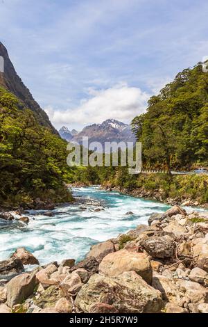 Rauer Fluss fließt in die Fjorde. Fjordland-Nationalpark, Neuseeland Stockfoto