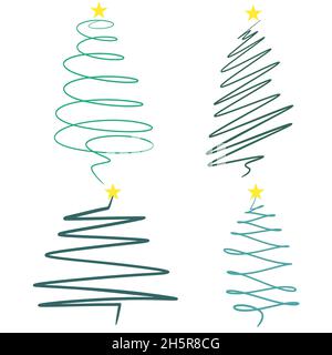 Set von prägnanten Weihnachten Fichten, Vektor-Illustration. Sammlung von Weihnachtsbäumen mit Sternen Linie Kunst. Minimalistische Dekorationen für die Neujahrskarte Stock Vektor