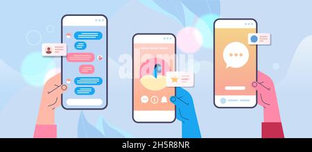 Hände mit mobilen Chat-Apps auf Smartphone-Bildschirmen Online-Kommunikation Sprechen Gespräch Dialog Stock Vektor