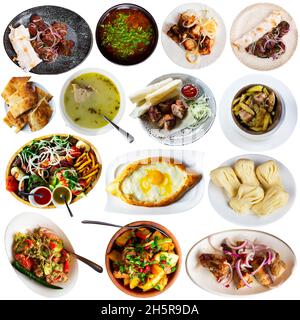 Sammlung von verschiedenen traditionellen georgischen Gerichten auf weiß isoliert Stockfoto