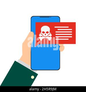 Handy in der Hand mit Viren in flacher Form, Vektorgrafik Stock Vektor