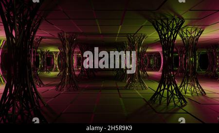 3D-Rendering Illustration Grafik der schönen Sci-Fi-Säulen Raum mit hellen bunten Lichtern Stockfoto