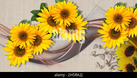 3d-Tapete, Sonnenblume auf Stoff Leinwand Textur Stockfoto