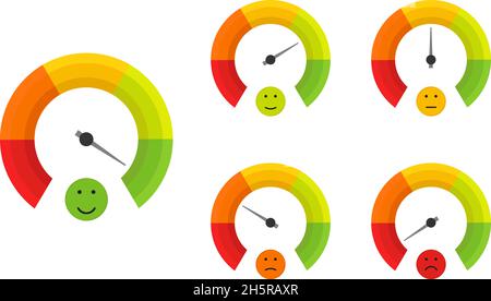 Gute Qualität, Lächeln Gesicht, Farbe Tachometer in flachem Stil, Vektor-Illustration gesetzt Stock Vektor