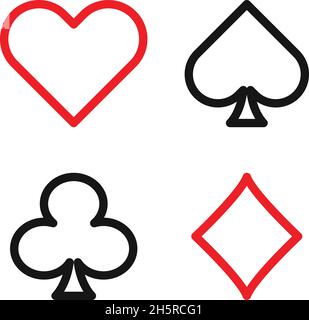Anzug Poker Karten Linien Symbol auf flachen Stil, Vektor isoliert Illustration Set Stock Vektor