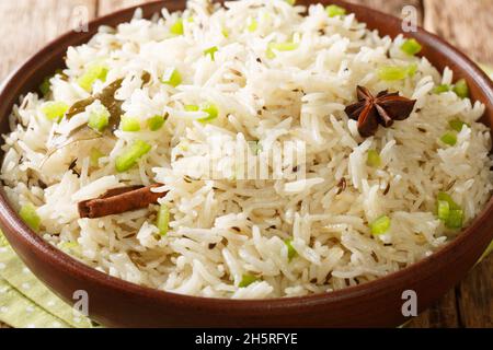 Vegetarischer indischer Jeera-Reis mit Kreuzkümmel und anderen Gewürzen in der Schüssel auf dem Tisch. Horizontal Stockfoto