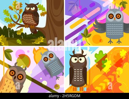 Sammlung von Fahnen mit Eulen. Plakatmuster in flacher Form. Stock Vektor