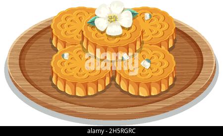 Stapel von Mondkuchen auf Holzplatte Illustration Stock Vektor