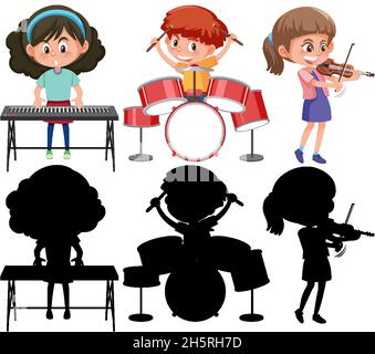 Set von verschiedenen Kindern spielen Musikinstrumente mit Silhouette Illustration Stock Vektor