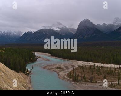 Panoramablick über das Athabasca River Valley im Jasper National Park, Alberta, Kanada mit dichten Nadelwäldern und den schneebedeckten Rocky Mountains. Stockfoto