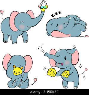 Emotionales Sticker-Set mit niedlichem Elefant. Kawaii-Stil. Cartoon Emoji Aufkleber mit Elefanten in verschiedenen Stimmungen. Vektorgrafik. Stock Vektor