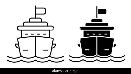 Lineares Symbol. Kreuzfahrt-Schiff für Ozeanfahrten um die Welt. Multi Deck Liner für Erholung am Meer. Einfacher Schwarz-Weiß-Vektor isoliert auf weißem Rücken Stock Vektor