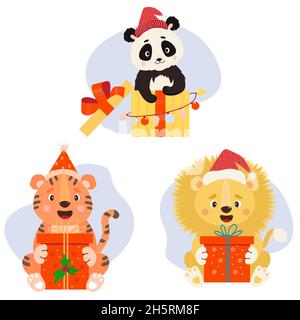 Niedliche Tiere. Weihnachten Wildtiere - Panda, Tiger und Löwe santas mit Geschenken und Schachteln. Satz von Vektorgrafiken im Cartoon-Stil. Für Begrüßung c Stock Vektor