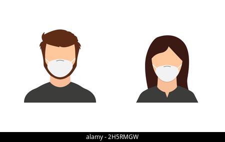 Mann und Frau Gesicht medizinische Maske. Isolierte Vektordarstellung in flacher Form Stock Vektor