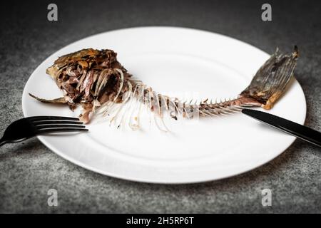 Gebratenes Fischskelett, Wirbelsäule und Knochen auf einem weißen Teller mit schwarzem Messer und Gabel auf grauem Hintergrund. Stockfoto