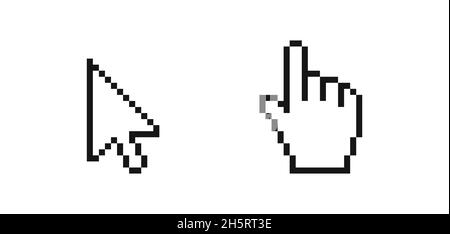 Mauszeiger über den Mauspfeil. Klicken Sie mit der Hand auf das Symbol im Pixelformat Stock Vektor