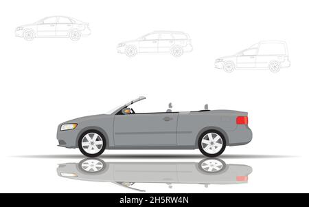 Ein Pkw mit einer Cabriolet-Karosserie. Optionen für die Auswahl der Art des Autos, Skizze. Flache Vektorgrafik. Stock Vektor