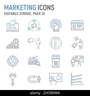 Symbolsatz für Marketinglinien, digitale Marketing-Kollektion, Vektorgrafiken, Logo-Illustrationen, Marketing-Vektor-Symbole, seo-Zeichen, skizzieren Piktogramme, editierbare Kontur Stock Vektor