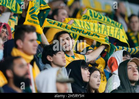 Sydney, Australien. November 2021. Fans beim Qualifikationsspiel der FIFA Fußball-Weltmeisterschaft Katar 2022 zwischen Australien und Saudi-Arabien am 11. November 2021 im Western Sydney Stadium, Sydney, Australien. Foto von Peter Dovgan. Nur zur redaktionellen Verwendung, Lizenz für kommerzielle Nutzung erforderlich. Keine Verwendung bei Wetten, Spielen oder Veröffentlichungen einzelner Clubs/Vereine/Spieler. Kredit: UK Sports Pics Ltd/Alamy Live Nachrichten Stockfoto