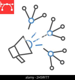 Virales Marketing-Liniensymbol, Megaphon und Werbung, virales Marketing-Vektorsymbol, Vektorgrafiken, bearbeitbares Strichumrisszeichen, eps 10. Stock Vektor