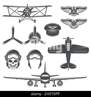 Flugzeug schwarz Farbe Symbol Set Ausrüstung und Arten von Flugzeugen Auf weißem Hintergrund isolierte Vektordarstellung Stock Vektor