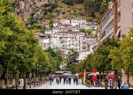 Blick auf den baumgesäumten Boulevard republika in Richtung der berühmten weißen Hocker von berat Stockfoto