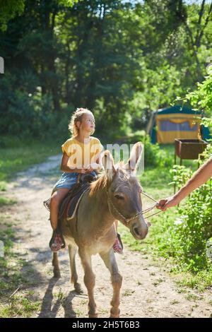 Kleines Mädchen im Sattel auf einem Esel reiten, in Kontakt Bauernhof Zoo, freundliche Esel im Fahrerlager als sozial Stockfoto