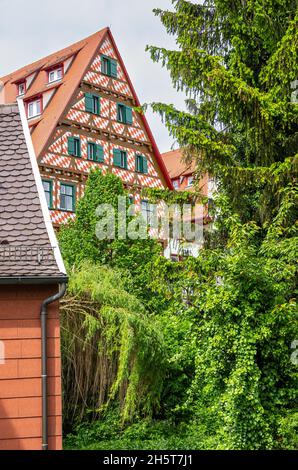 Unterwegs im Fischerviertel Ulm, Baden-Württemberg, Deutschland: Typischer Giebel einer historischen Fachwerkarchitektur. Stockfoto