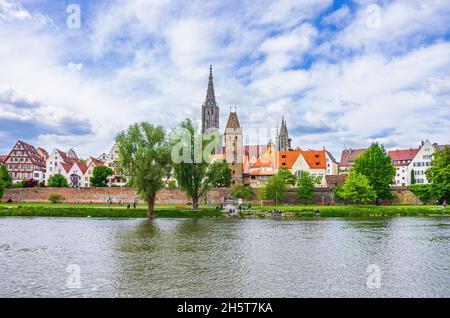 Ulm, Baden-Württemberg, Deutschland: Die historischen Häuser des Fischerviertels, die alte Stadtmauer, der Schiefe Turm und das Münster. Stockfoto