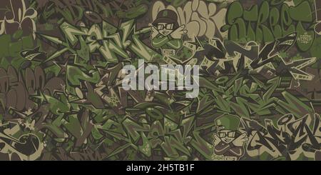 Nahtlose Militärische Abstrakte Khaki Textur Camouflage Mit Graffiti Streetart Muster Hintergrund Vektor Illustration Kunst Stock Vektor