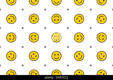 Lächelndes Gesicht Emoji Hintergrund. Happy Smile positives Symbolmuster. Welt-Lächeln-Tag, Tapete, Poster-Banner Stockfoto