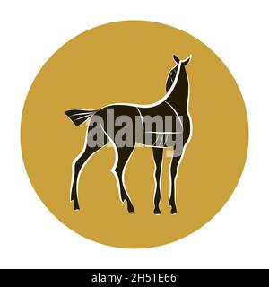 Handzeichnung eines stehenden Pferdes. Schwarz-weiß anmutige Hengstsilhouette. Vollblut Racing Mustang. Edles Tier. Seitenansicht. Für Ställe, Bauernhöfe Stock Vektor