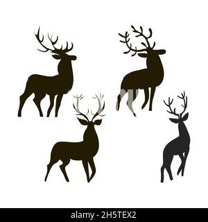 Set aus vier Cervus-Hirsch-Silhouetten in verschiedenen Posen. Tiere mit großen Hörnern. Von Hand gezeichnet. Rothirsch-Männchen. Seitenansicht. Minimalistischer Stil. Elchdiagramm Stock Vektor