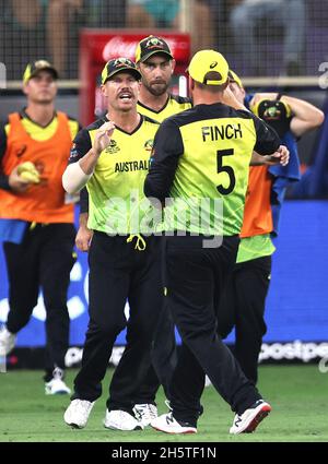 Dubaii, VAE, 11, Nov 2021: ICC T20 2. Halbfinale: Pakistan gegen Australien: David Warner aus Australien in Aktion, nachdem er am Donnerstag im 2. Halbfinale im Dubai-Stadion babar von Adaam Zampa gefangen hatte. Bildnachweis: Seshadri SUKUMAR Kredit: Seshadri SUKUMAR/Alamy Live Nachrichten Stockfoto